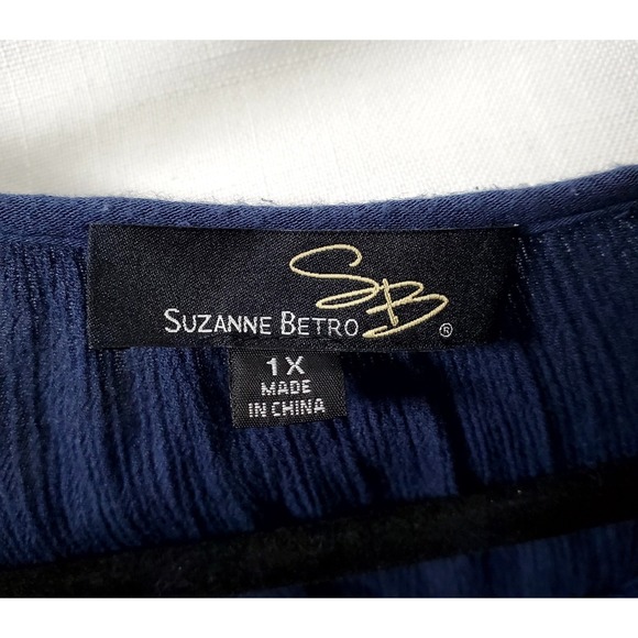 Suzanne Betro Women's 1X Blue Boho Peasant Tunic Top Rayon Tassel Tie - Picture 6 of 6